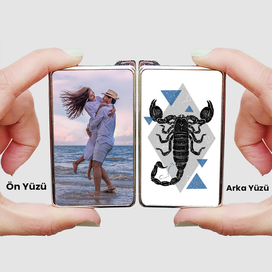 Kişiye özel fotoğraflı akrep işlemeli metal çakmak tasarımı