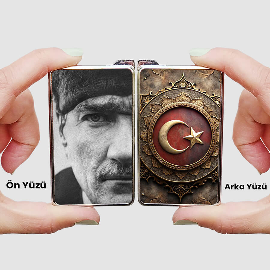 Mustafa Kemal Atatürk baskılı metal çakmak ön arka görünüm