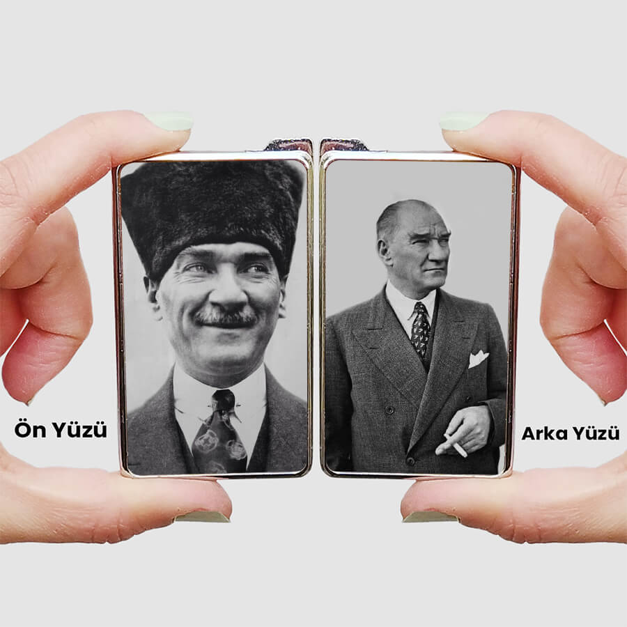 Mustafa Kemal Atatürk resimli metal çakmak ön arka yüz