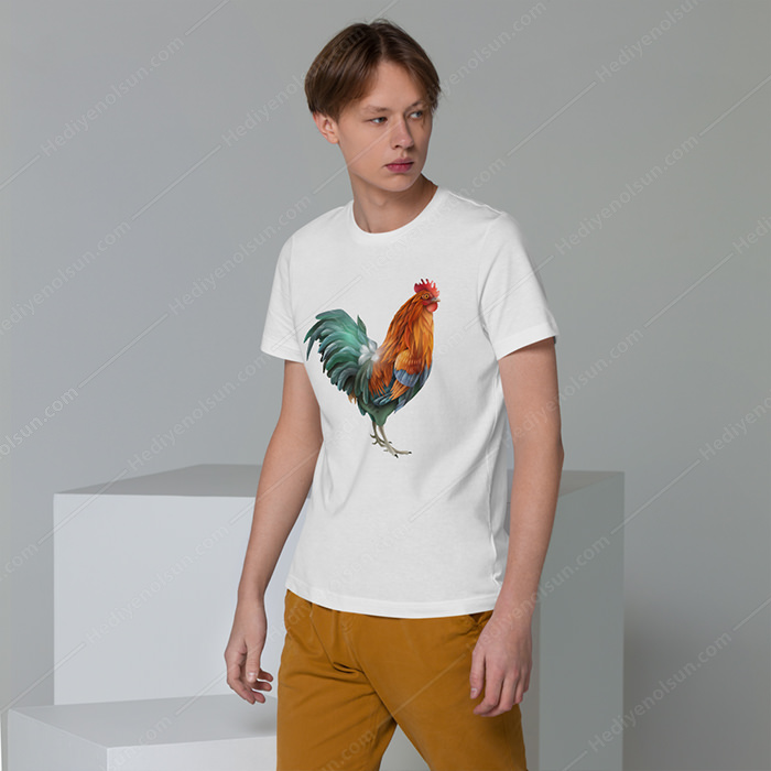 İllüstrasyon Horoz Baskı T-Shirt - Unisex Özel Tasarım Tişört - Görsel 2