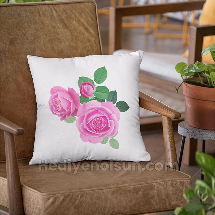 Pembe Gül Baskılı Yastık
