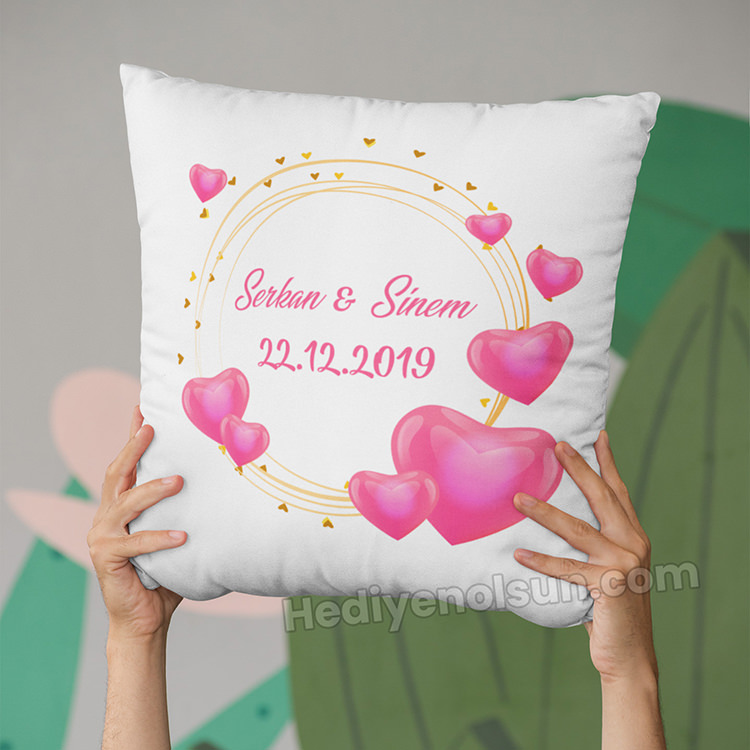 Pembe Kalp Çerçeve Yastık