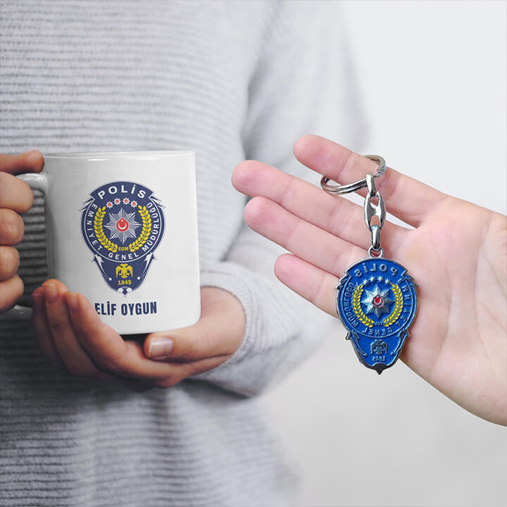 Polis Logolu Kupa Bardak ve Anahtarlık Seti - Kişiye Özel Hediye Kutulu Set