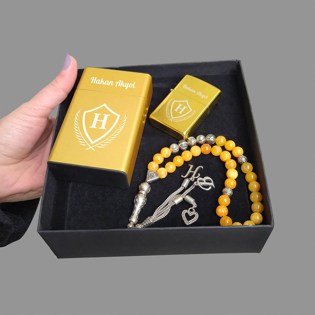 Erkeğe Hediye Gold Çakmak Tesbih Ve Sigara Kutusu