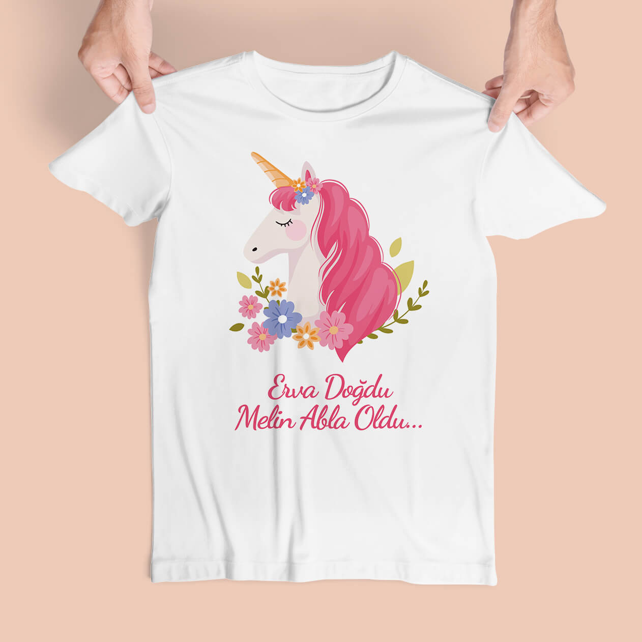 Pembe Unicorn Baskılı Abla Oldu Tişört