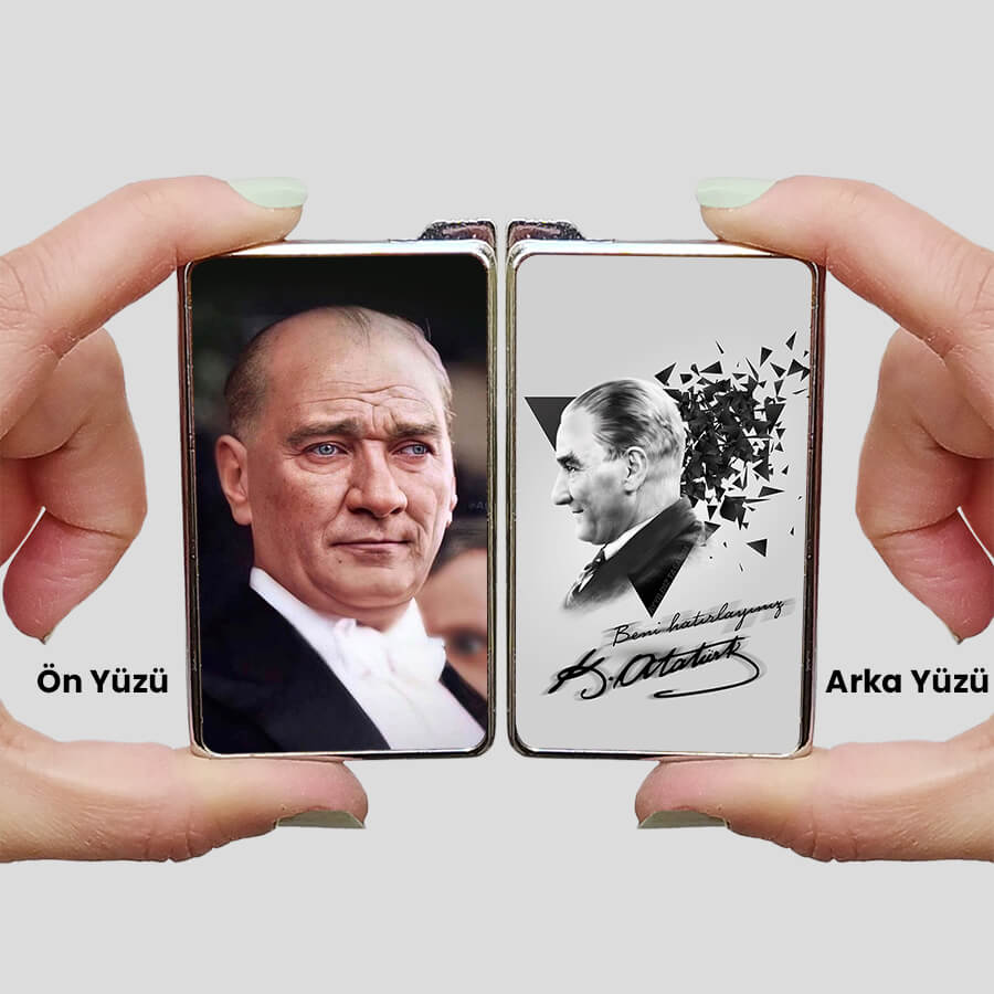 Çift Taraflı Mustafa Kemal Atatürk Baskılı Gazlı Metal Çakmak