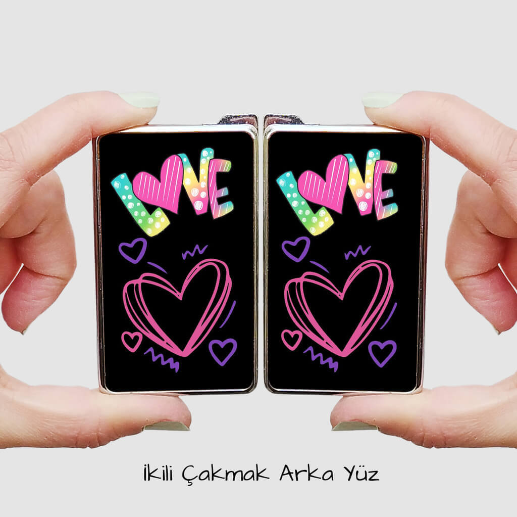 Love Baskılı ve Kalp Tasarımlı İkili Çakmak