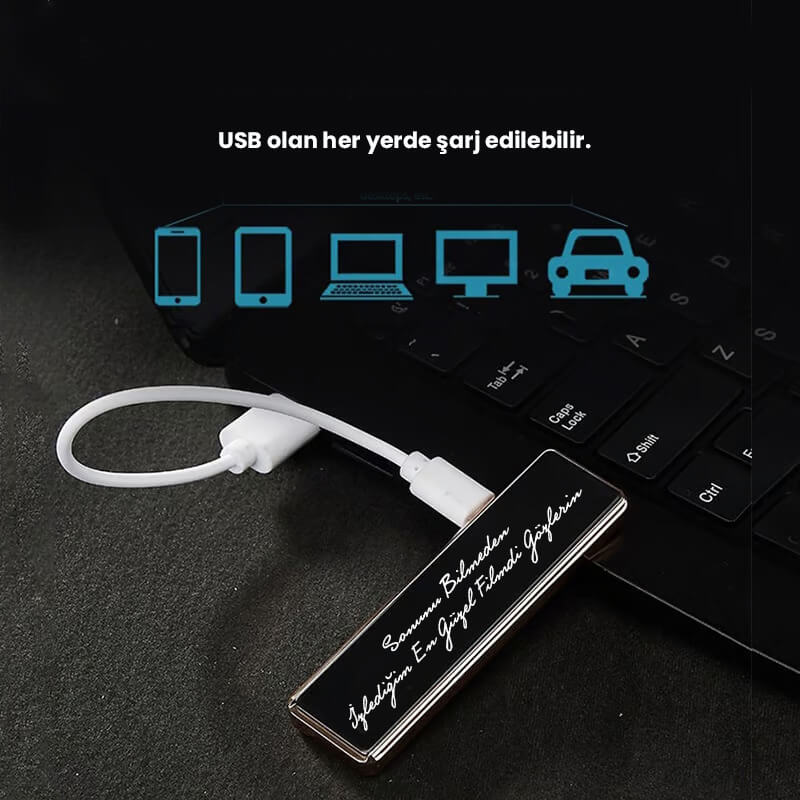 Kişiye Özel Elektronik USB Şarjlı Kaydırmalı Siyah Çakmak