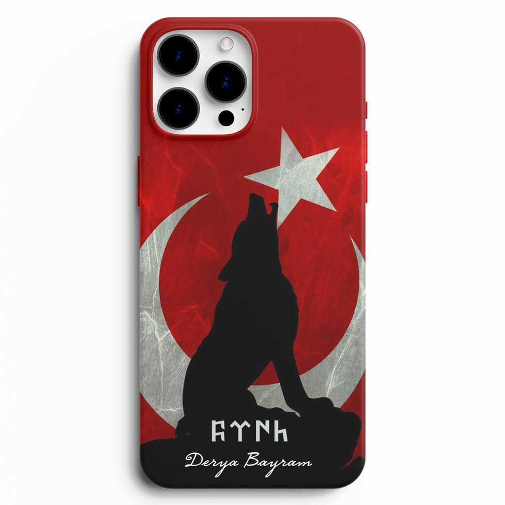 Ay Yıldız ve Uluyan Kurt Baskılı Kişiye Özel Telefon Kılıfı