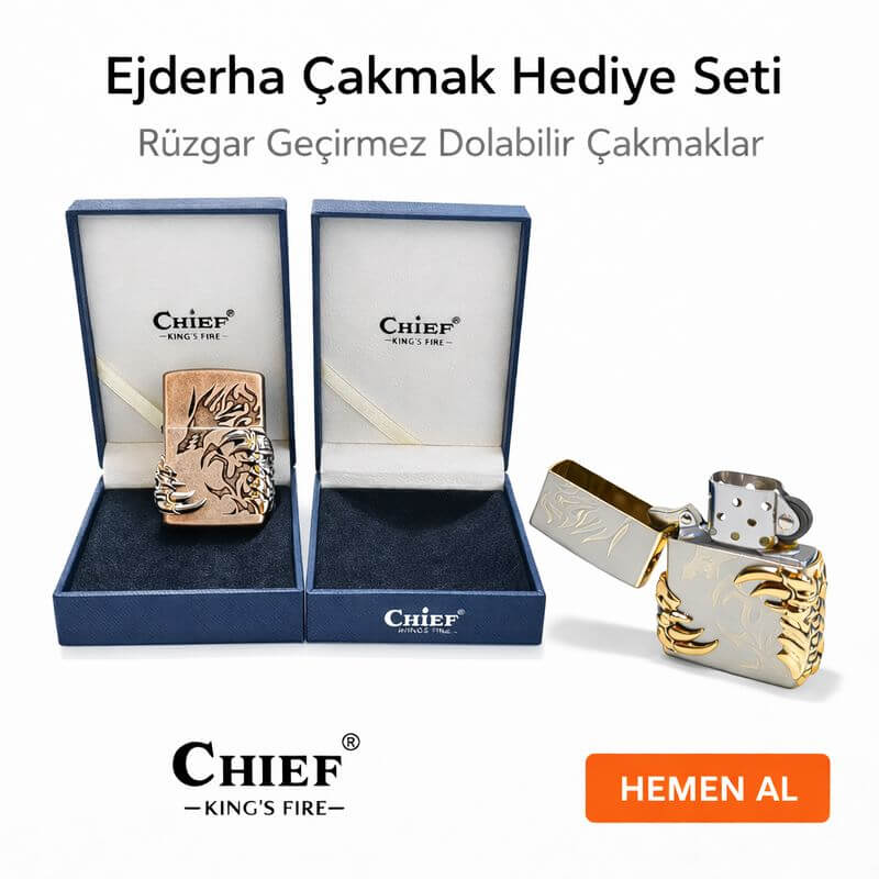 Ejderha Desenli Rüzgar Geçirmez Metal Çakmak – Şık Kutulu Hediye Seti (Dolum Yapılabilir)