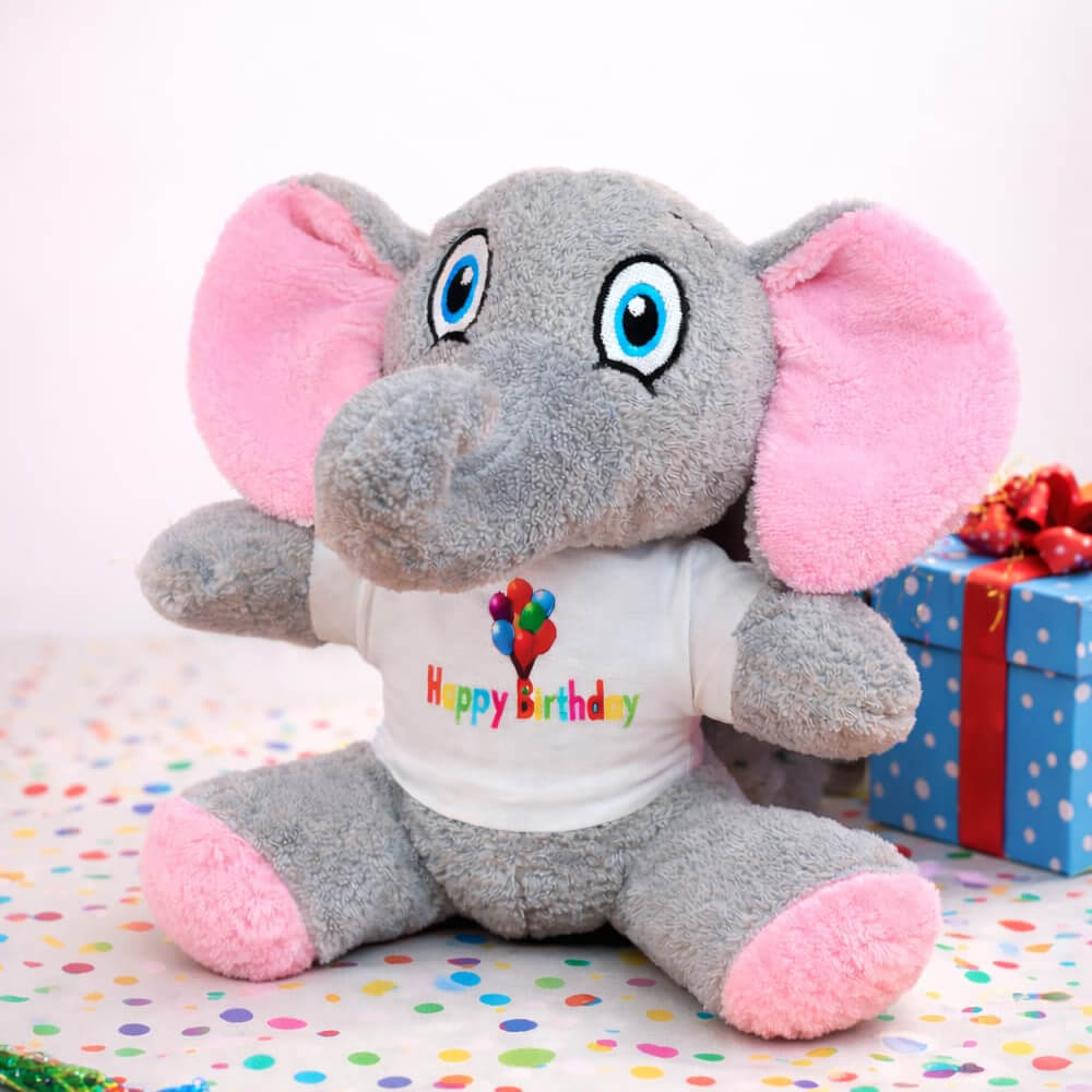 Happy Birthday Yazılı Tişörtlü Peluş Oyuncak Fil 25 cm – Doğum Günü Hediyesi