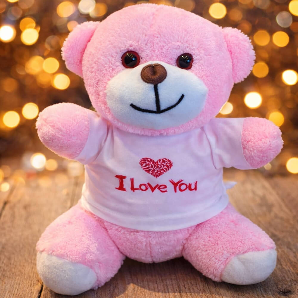 I Love You Tasarım Tişörtlü Pembe Peluş Ayıcık 25 cm – Romantik Hediye