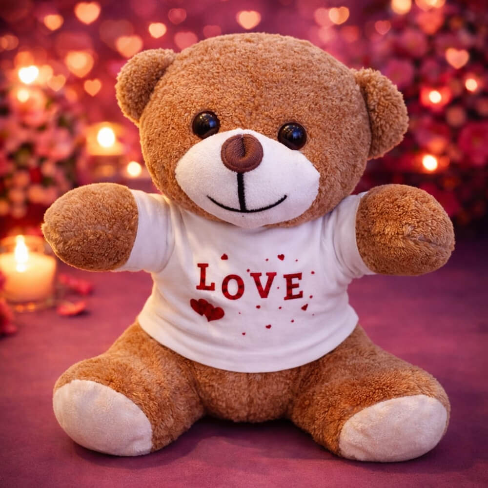 Love Baskılı Tişörtlü Kahverengi Peluş Ayıcık – Sevimli Romantik Hediye