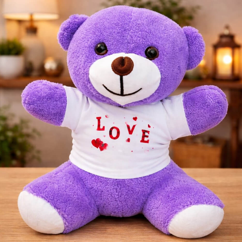 Love Baskılı Tişörtlü Peluş Oyuncak Ayıcık 25 cm – Romantik Sevimli Hediye