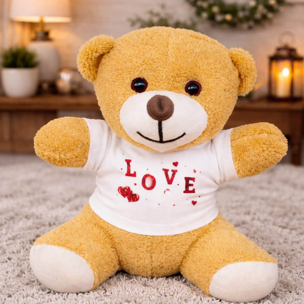 Love Tişörtlü Sevimli Peluş Oyuncak Ayı 25 cm – Romantik Hediye Ayıcık