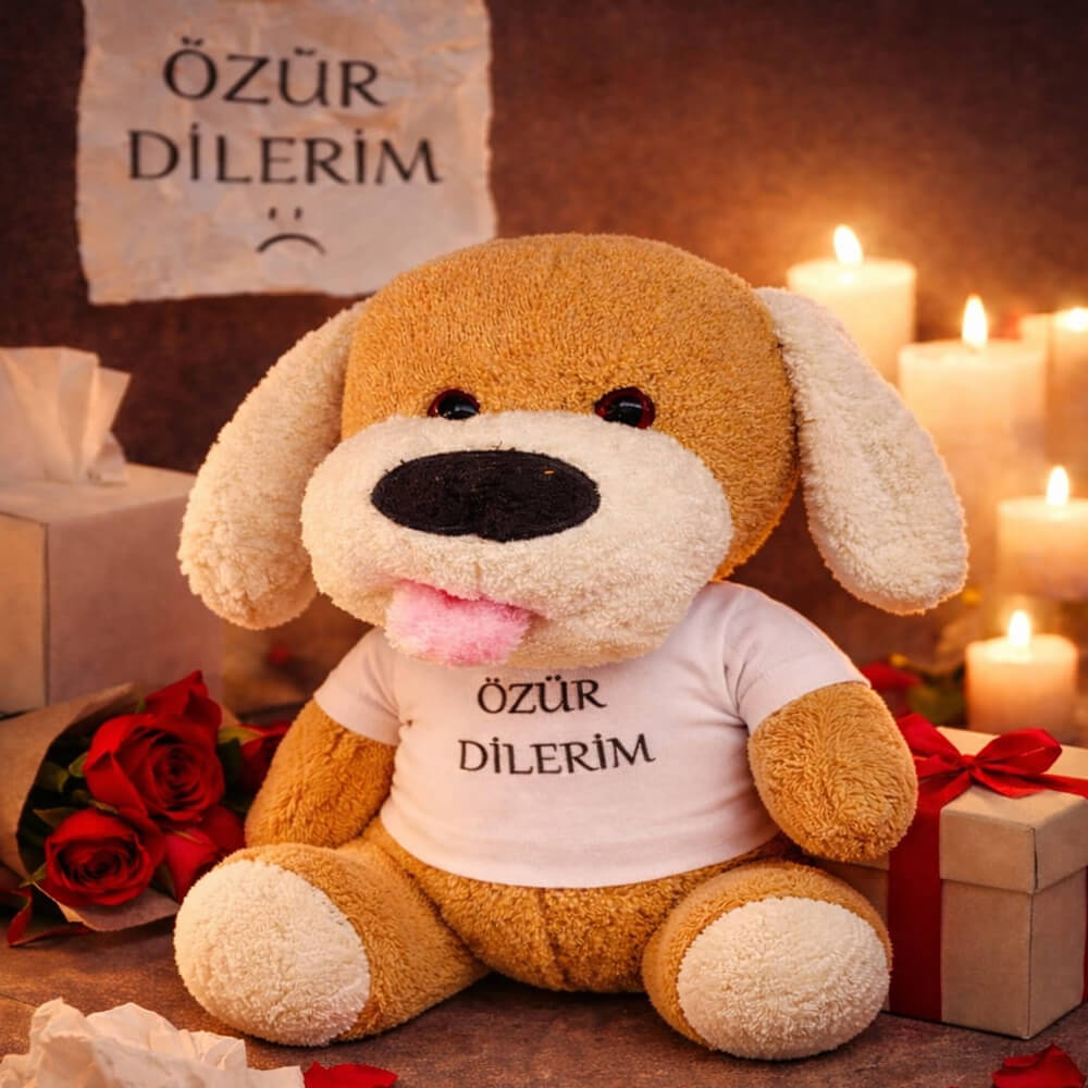 Özür Dilerim Yazılı Tişörtlü Peluş Köpek 25 cm – Sevimli Özür Hediyesi Oyuncak Köpek