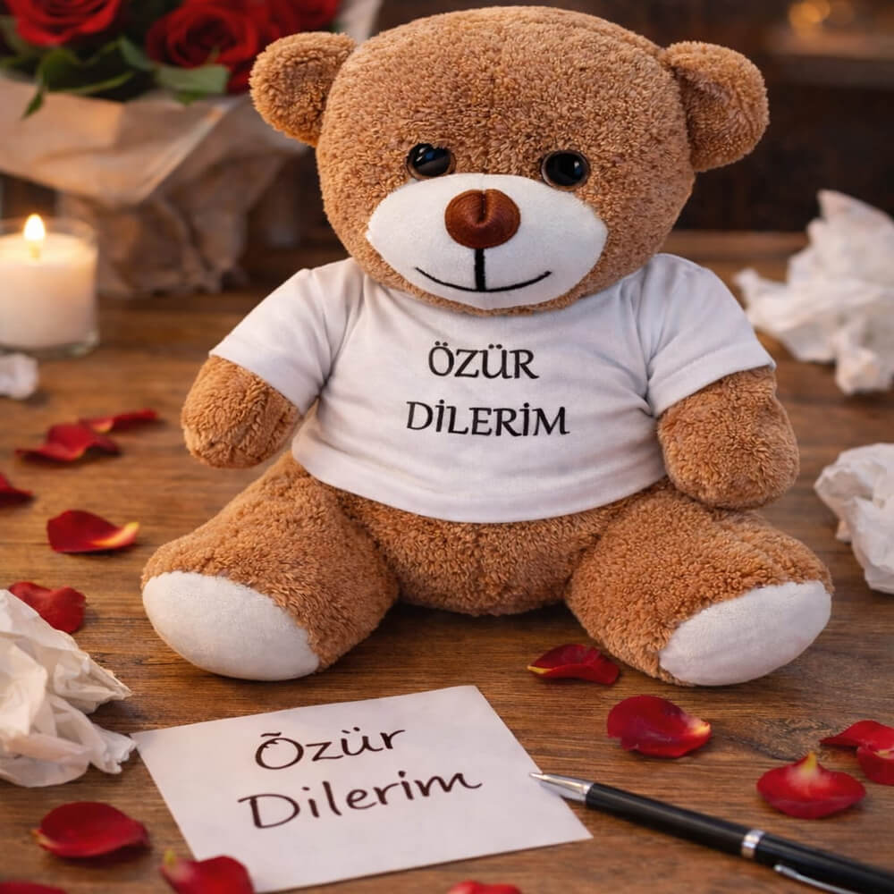 Özür Dilerim Yazılı Tişörtlü Peluş Oyuncak Ayıcık 25 cm – Sevimli Özür Hediyesi