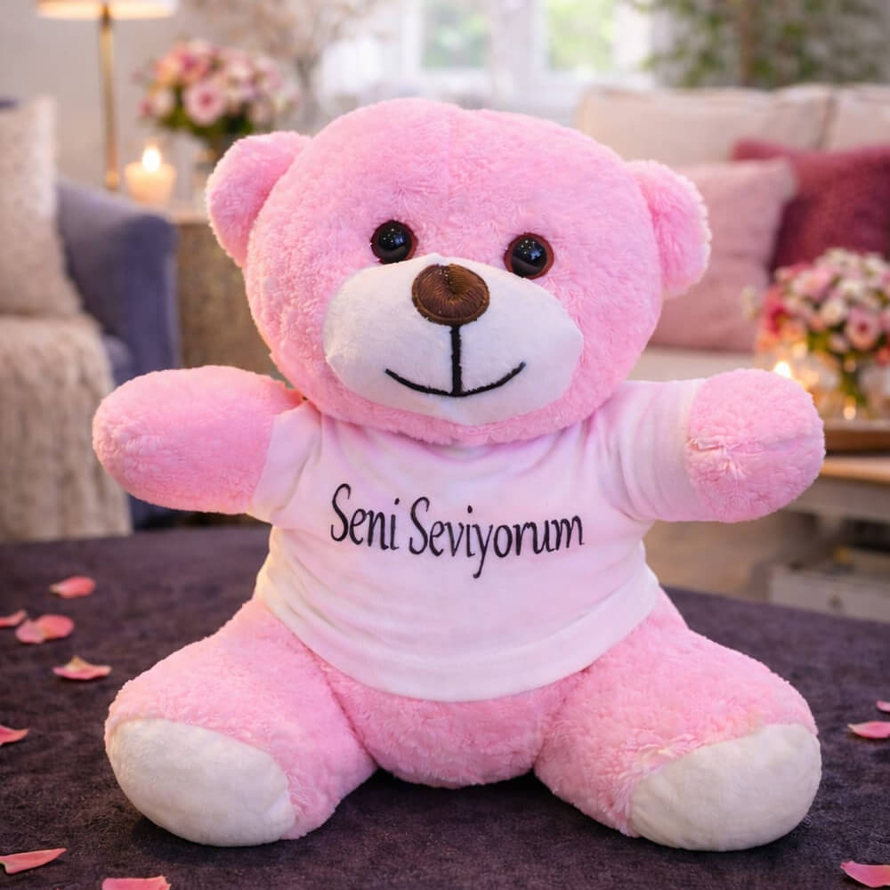 Pembe Seni Seviyorum Yazılı Tişörtlü Peluş Ayıcık 25 cm – Romantik Sevimli Hediye