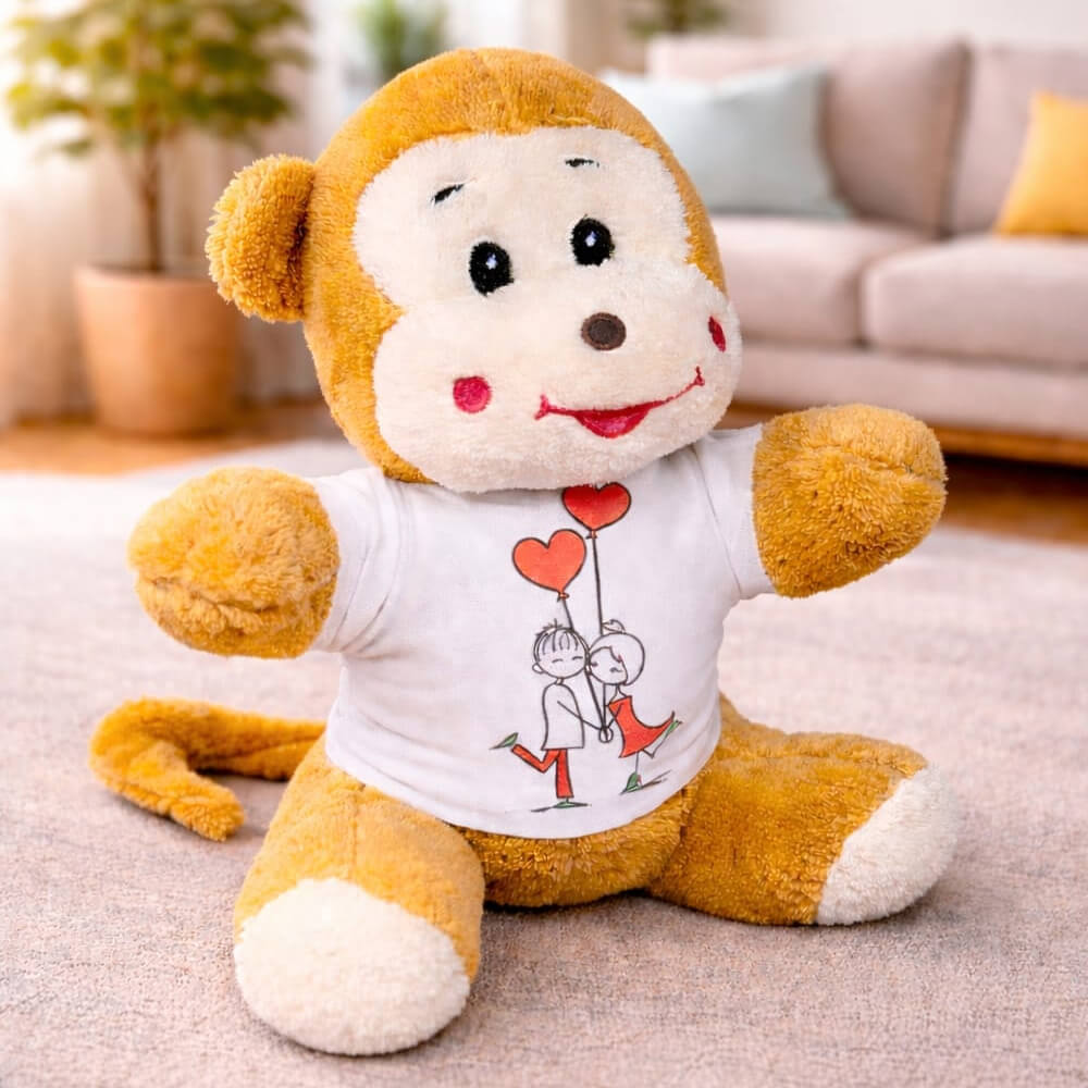 Sevgiliye Hediye Tişörtlü Sevimli Peluş Maymun 25 cm – Romantik Mesajlı Peluş Oyuncak