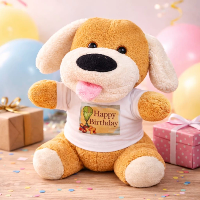 Happy Birthday tişörtlü peluş köpek temalı Happy Birthday Tişörtlü Peluş Oyuncak Köpek - Görsel 1